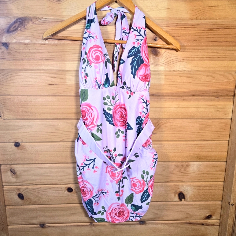 Floral Halter Neck One Piece Swimsuit